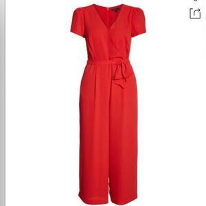 J Crew Red Cap Sleeve Wrap Jumpsuit with Tie Waist